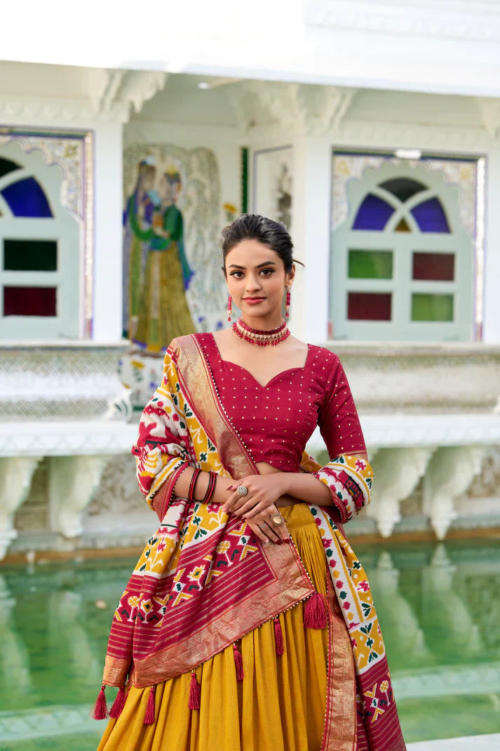 Stitched Tussar Silk Lehenga Set with Patola Print and Foil Works