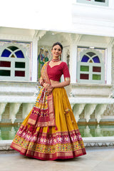 Stitched Tussar Silk Lehenga Set with Patola Print and Foil Works