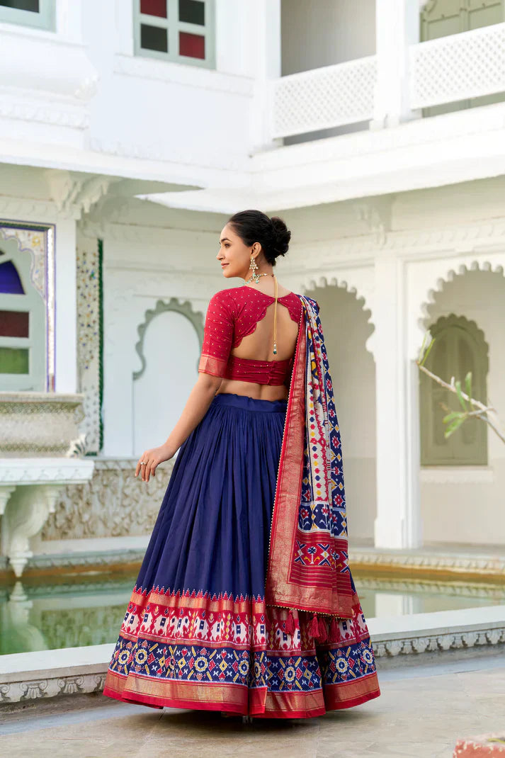 Stitched Tussar Silk Lehenga Set with Patola Print and Foil Work