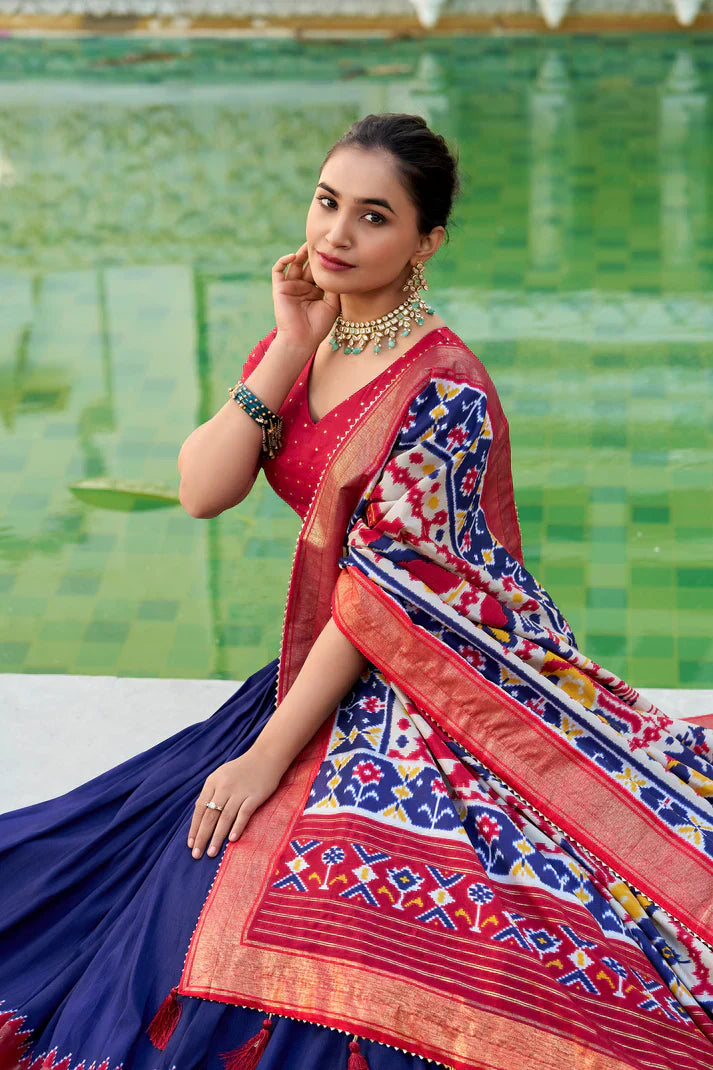 Stitched Tussar Silk Lehenga Set with Patola Print and Foil Work