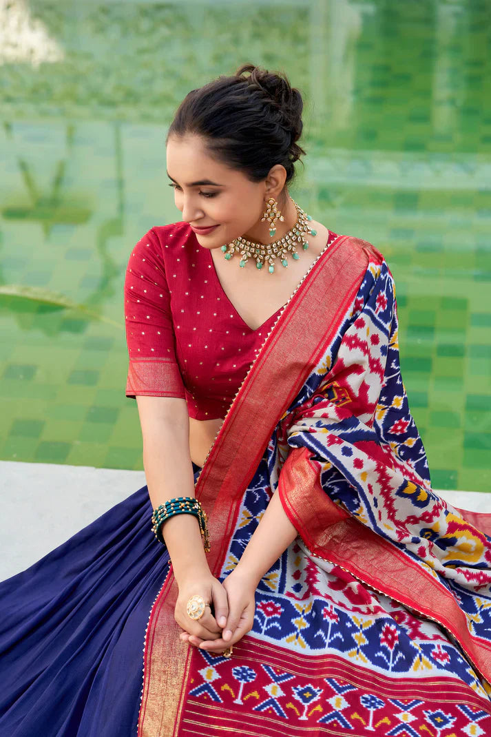 Stitched Tussar Silk Lehenga Set with Patola Print and Foil Work