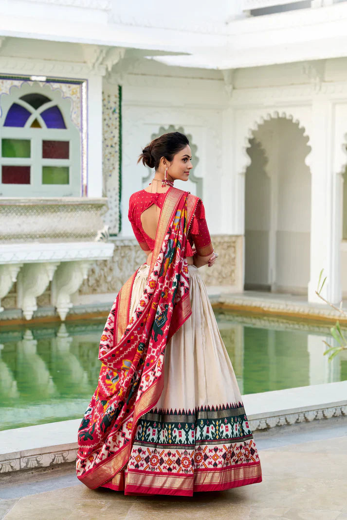 Stitched Tussar Silk Lehenga Set with Patola Print and Foil Work