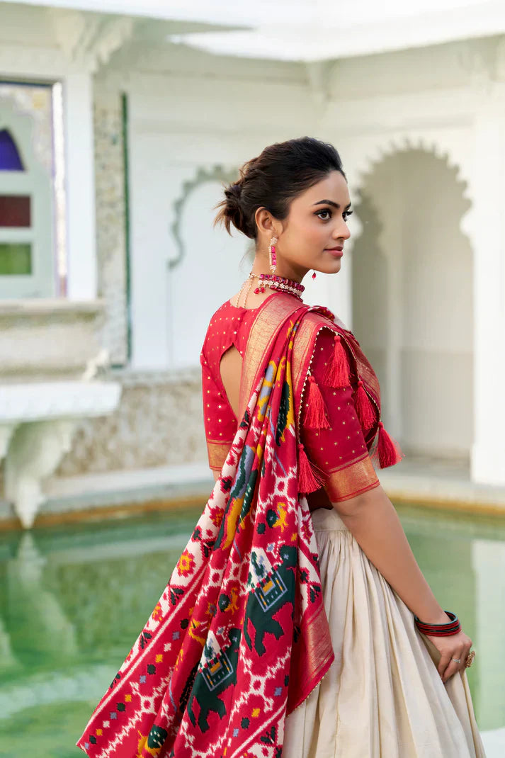 Stitched Tussar Silk Lehenga Set with Patola Print and Foil Work