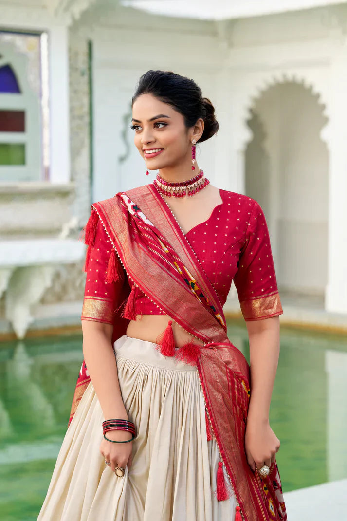Stitched Tussar Silk Lehenga Set with Patola Print and Foil Work