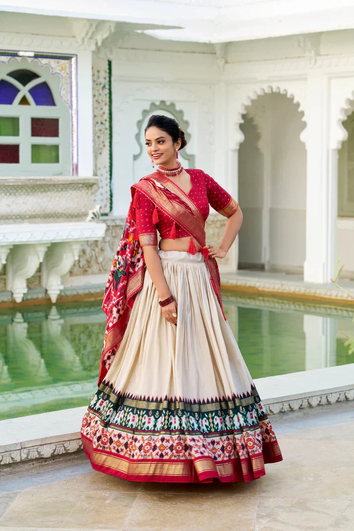 Stitched Tussar Silk Lehenga Set with Patola Print and Foil Work