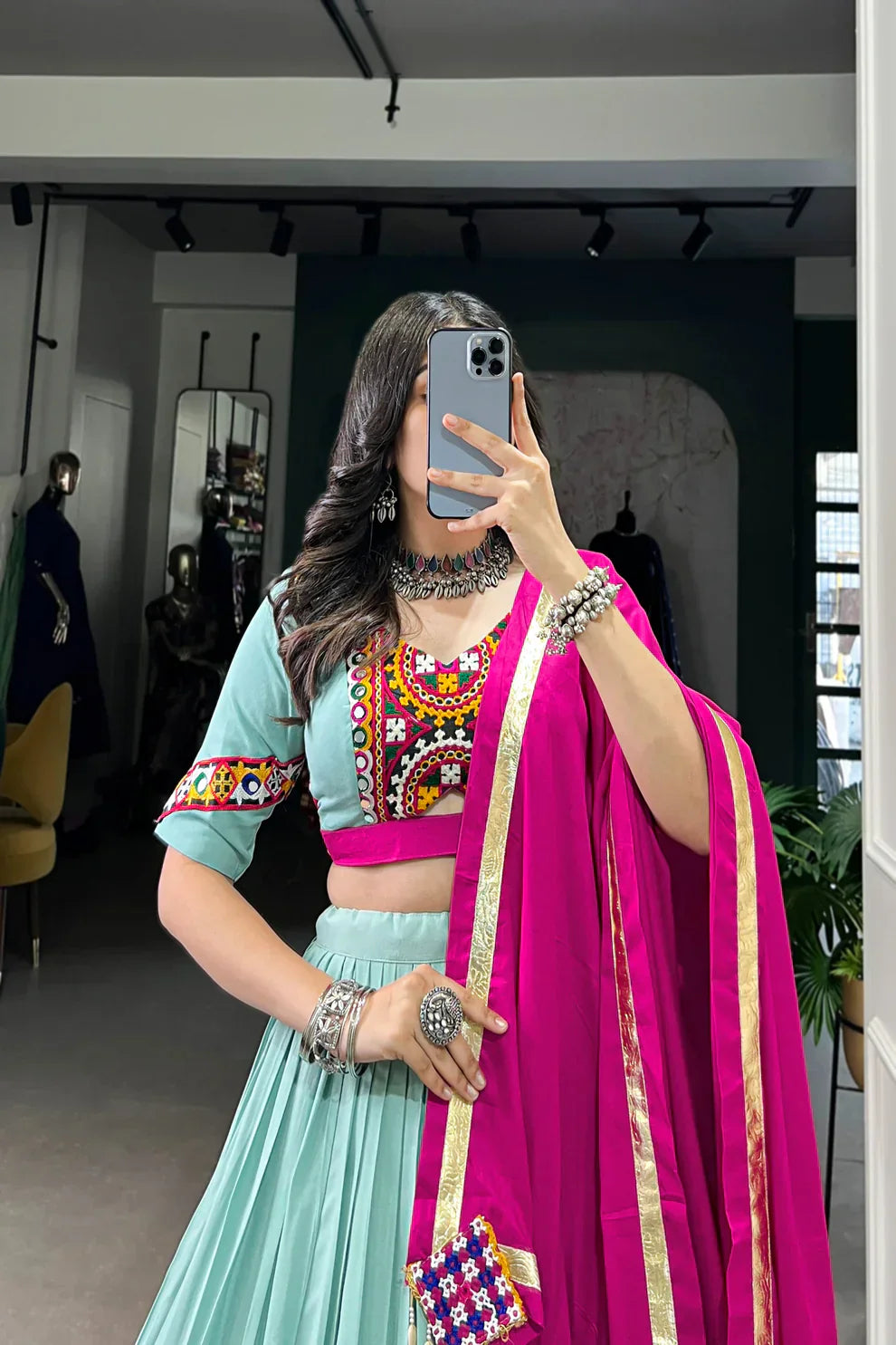 Elegant Pure Rayon Lehenga with Embossed Lace & Mirror Gamthi Work - Full Stitched Set