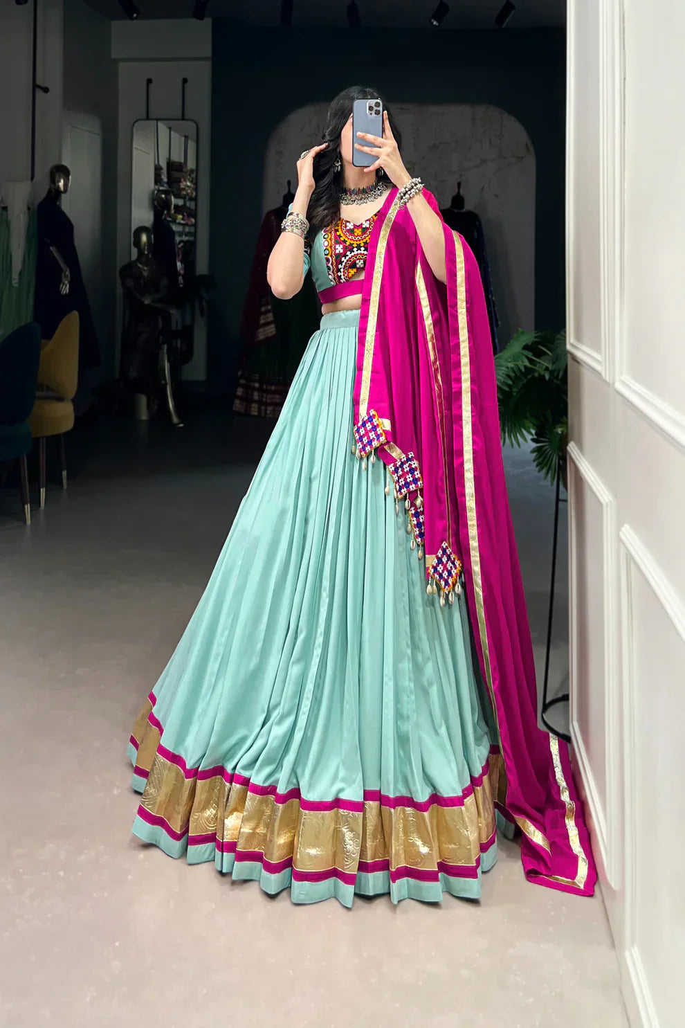 Elegant Pure Rayon Lehenga with Embossed Lace & Mirror Gamthi Work - Full Stitched Set