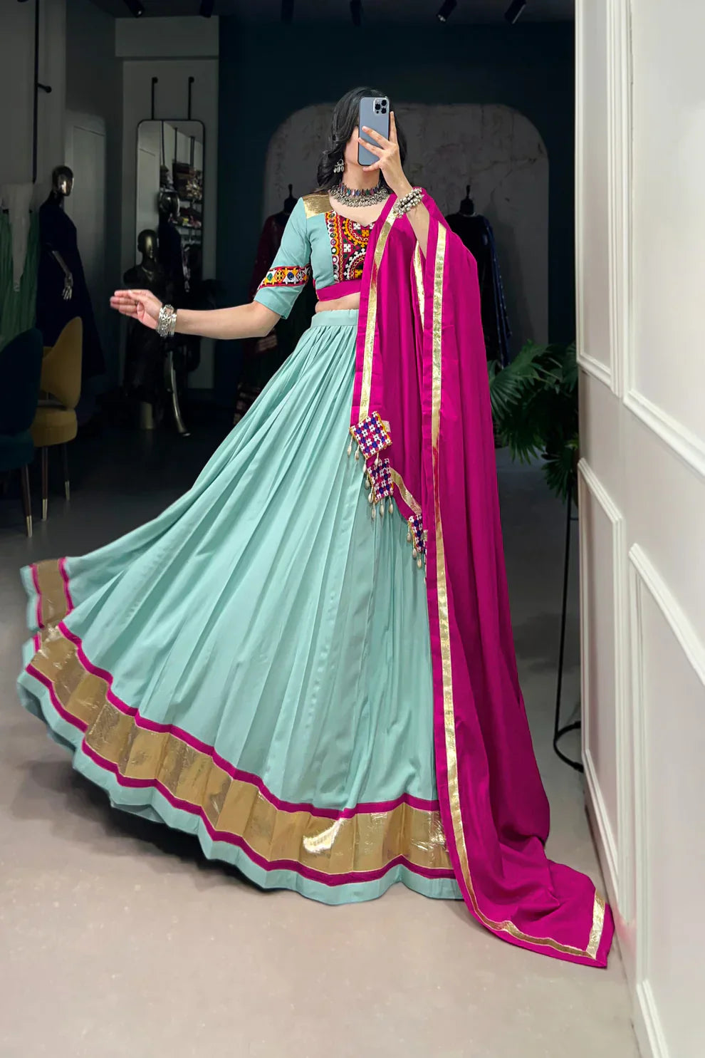 Elegant Pure Rayon Lehenga with Embossed Lace & Mirror Gamthi Work - Full Stitched Set