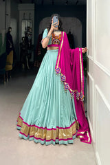 Elegant Pure Rayon Lehenga with Embossed Lace & Mirror Gamthi Work - Full Stitched Set