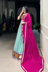 Elegant Pure Rayon Lehenga with Embossed Lace & Mirror Gamthi Work - Full Stitched Set