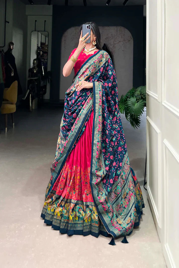 Elegant Tussar Silk Lehenga with Foil Print and Gotta Patti Lace Dupatta