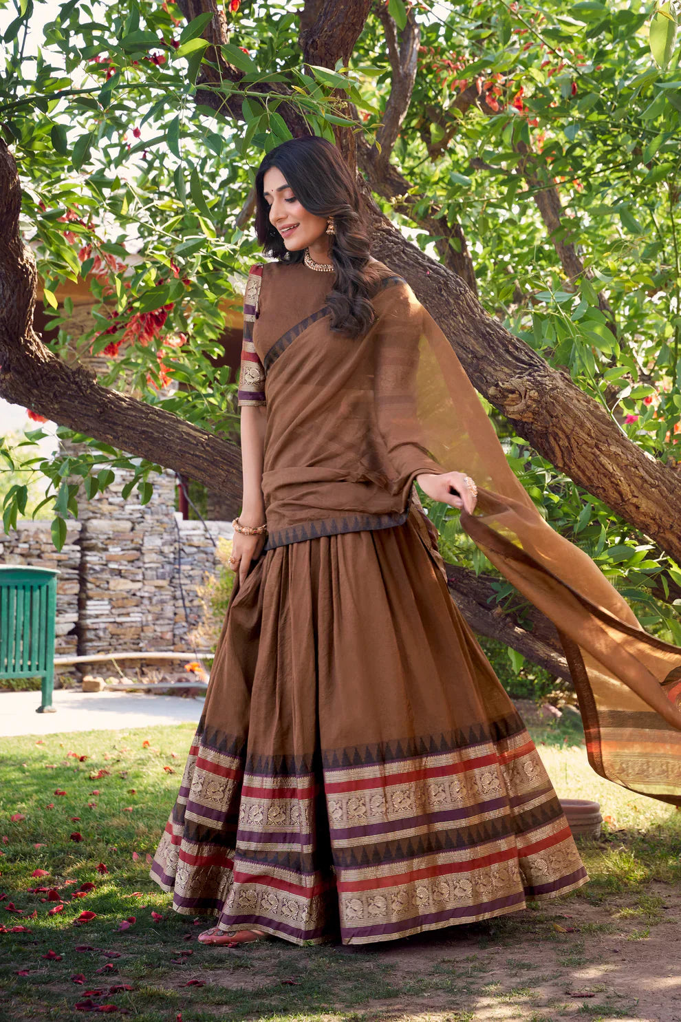 Elegant Pure Chanderi Lehenga with Zari Weaving Border and Matching Dupatta – Ethnic Festive Wear