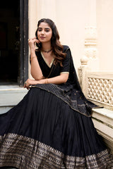 Elegant Festive Pure Chanderi Lehenga with Zari Weaving Border & Sequins Embroidered Dupatta