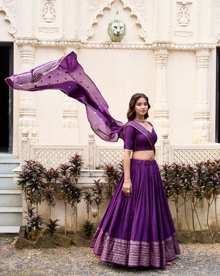 Festive Pure Chanderi Lehenga with Zari Border and Sequined Embroidered Dupatta