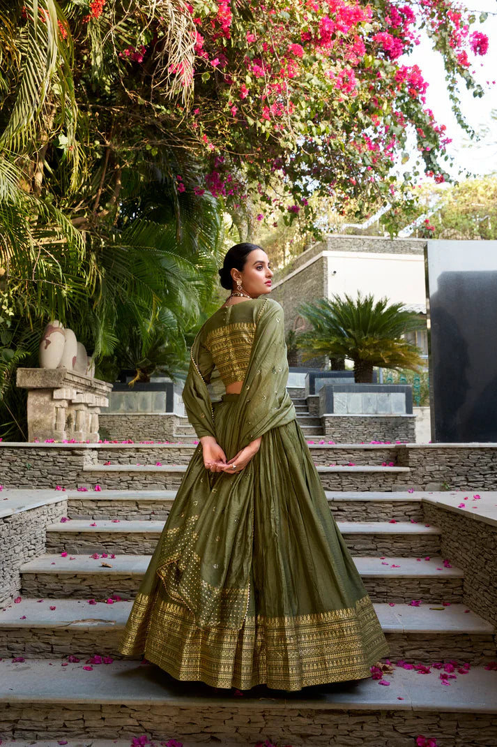 Traditional Pure Chanderi Lehenga with Zari Weaving and Sequins Embroidery Dupatta