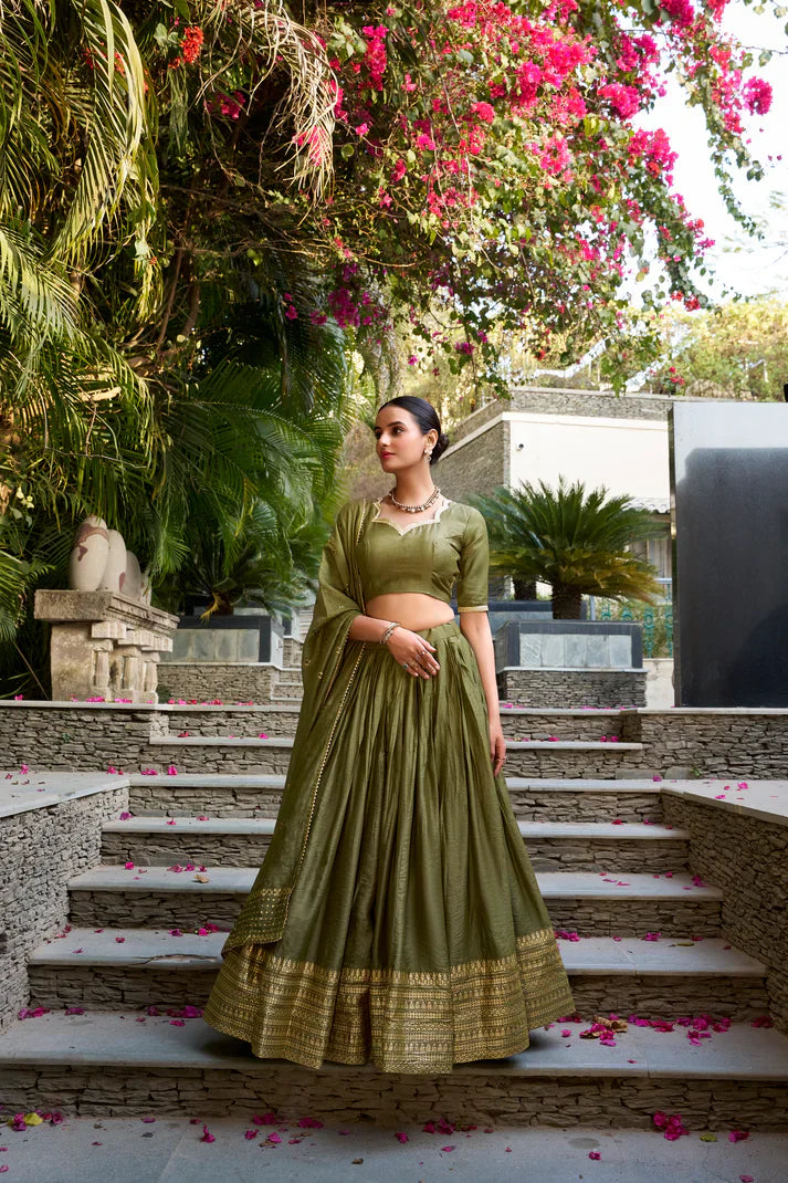 Traditional Pure Chanderi Lehenga with Zari Weaving and Sequins Embroidery Dupatta