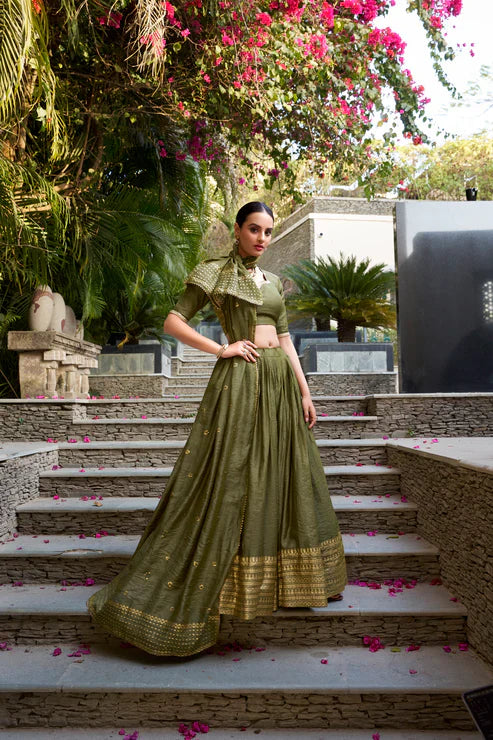 Traditional Pure Chanderi Lehenga with Zari Weaving and Sequins Embroidery Dupatta
