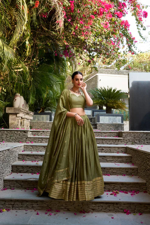 Traditional Pure Chanderi Lehenga with Zari Weaving and Sequins Embroidery Dupatta