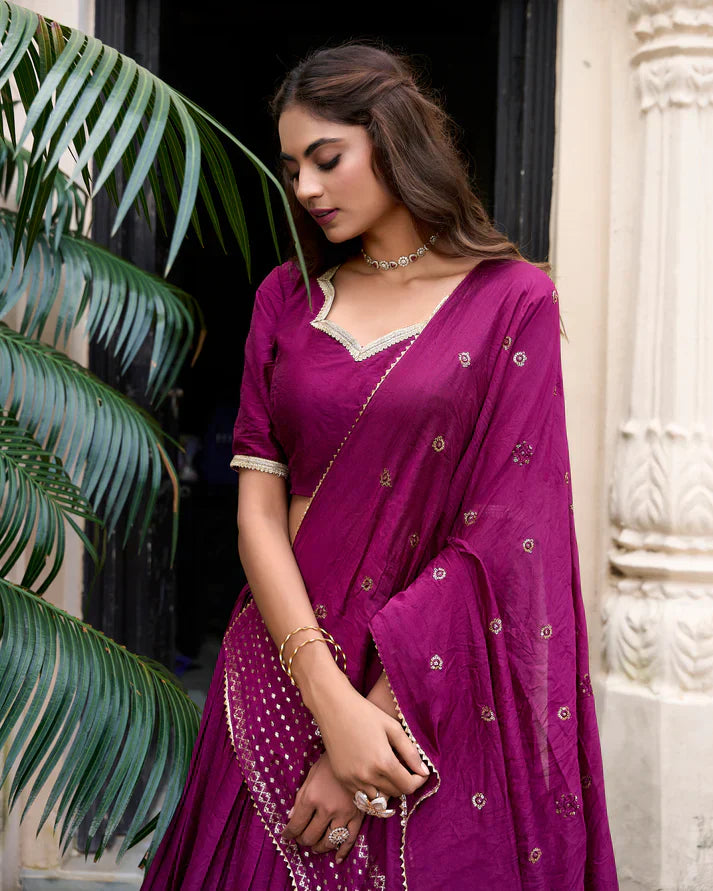 Pure Chanderi Lehenga with Zari Weaving Border & Sequins Embroidered Dupatta | Elegant Festive Wear