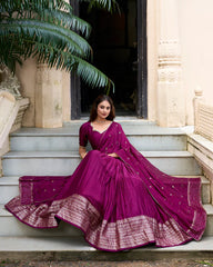 Pure Chanderi Lehenga with Zari Weaving Border & Sequins Embroidered Dupatta | Elegant Festive Wear