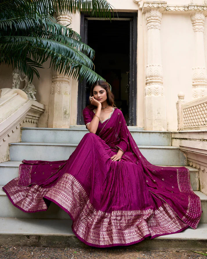 Pure Chanderi Lehenga with Zari Weaving Border & Sequins Embroidered Dupatta | Elegant Festive Wear