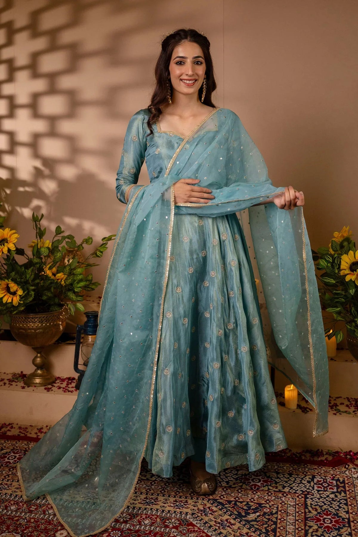 Chinon Silk Embroidered Anarkali Suit Set