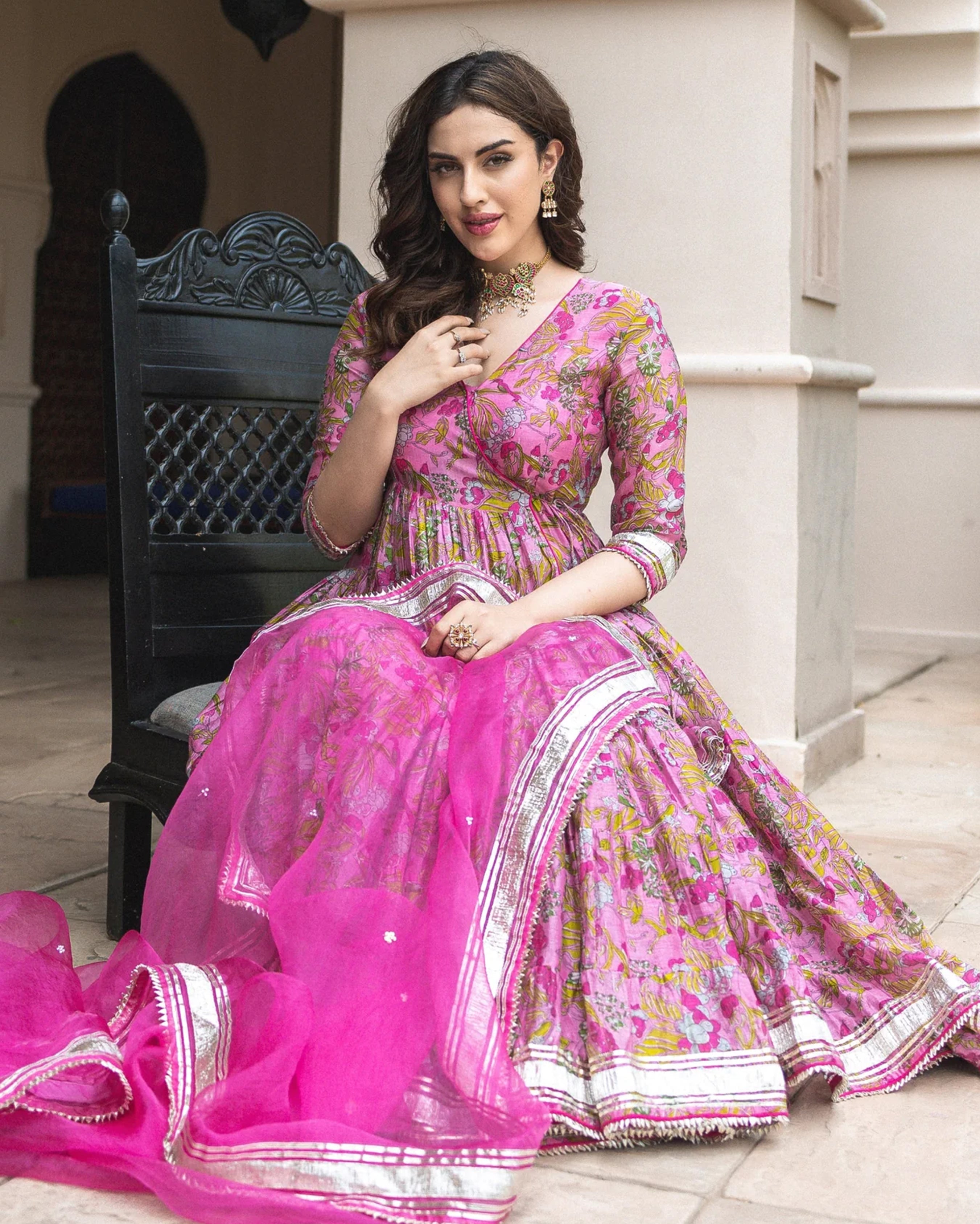 Pink Chanderi Angrakha Suit Set with Gota Work and Organza Dupatta