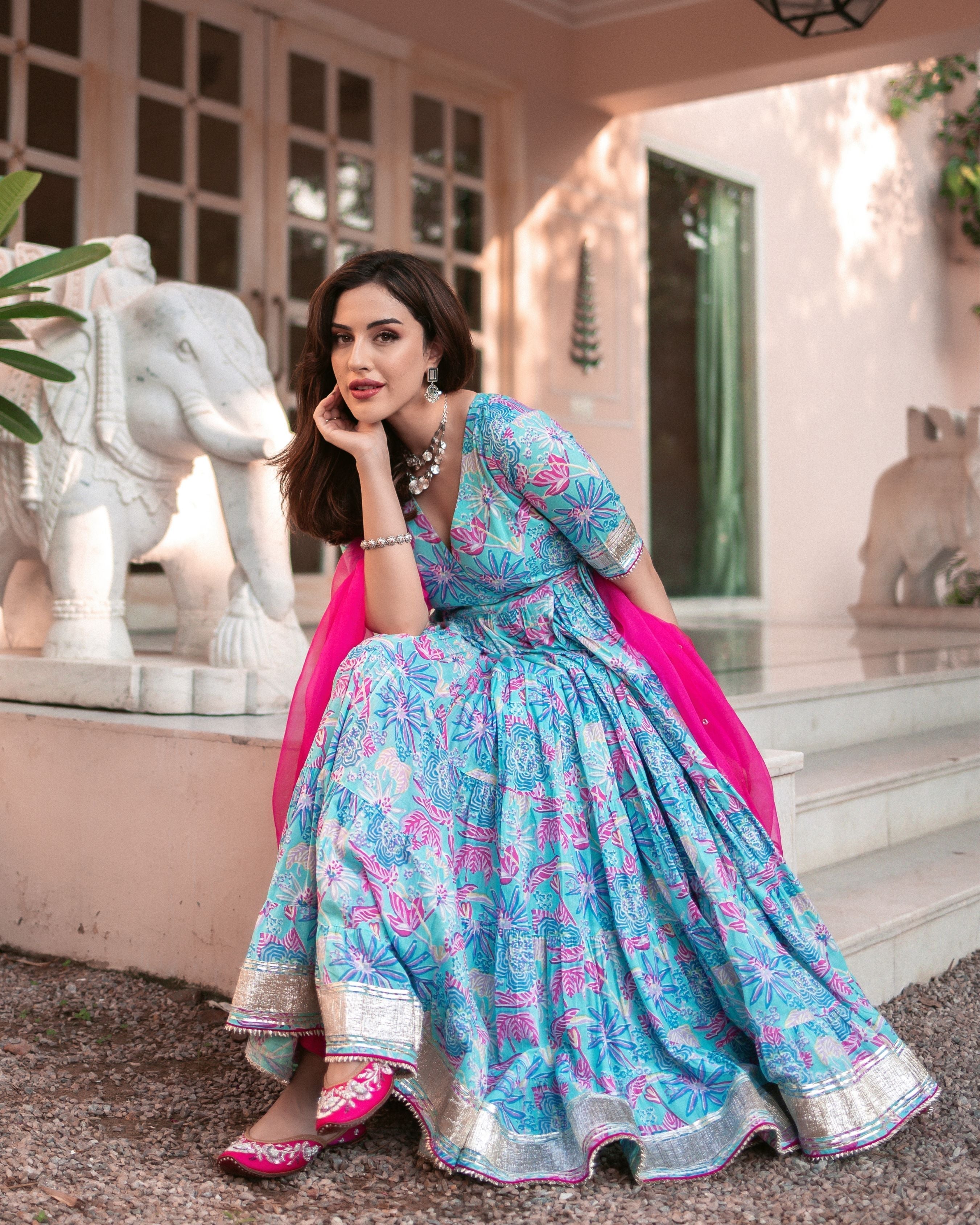Blue Cotton Angrakha Suit Set with Gota Work and Organza Dupatta