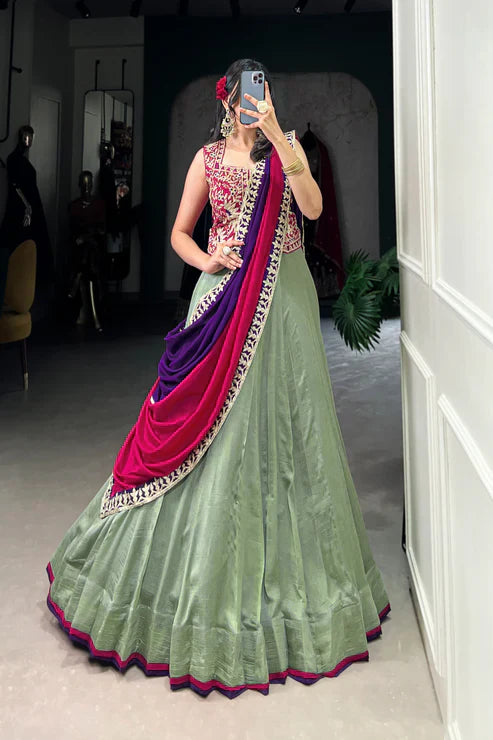 Vichitra Silk Lehenga Set with Sequins & Thread Embroidery and Belt Detail