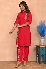 Red Floral Embroidered Chanderi Co-Ord Set – Top & Bottom