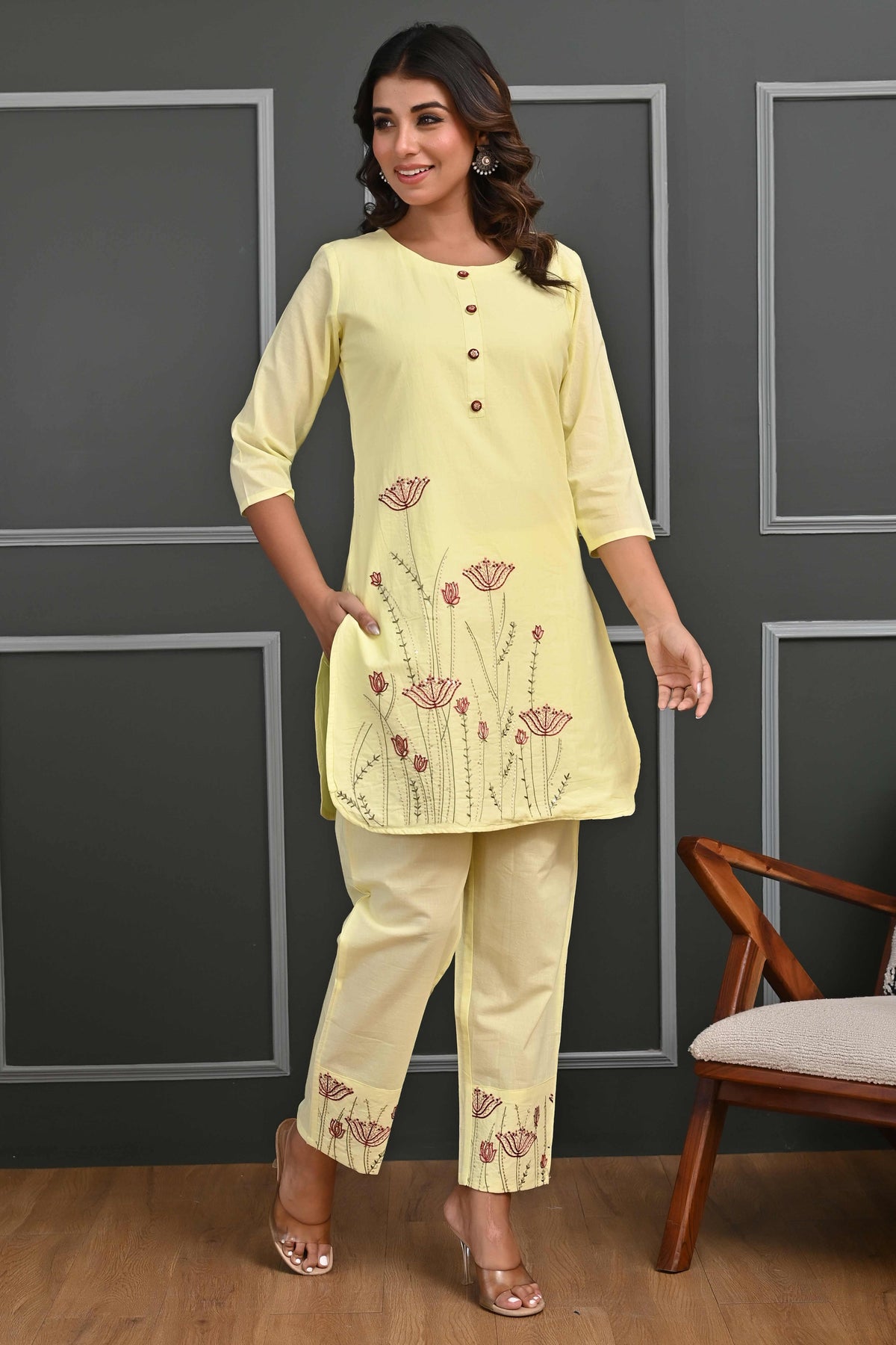 Yellow Floral Embroidered Co-Ord Set – Top & Bottom