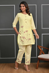 Yellow Floral Embroidered Co-Ord Set – Top & Bottom