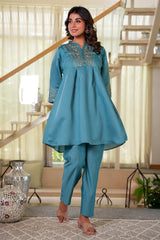 Sea Green Floral Embroidered Viscose Co-Ord Set – Top & Bottom