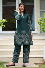 Bottle Green Floral Embroidered Co-Ord Set – Top & Bottom