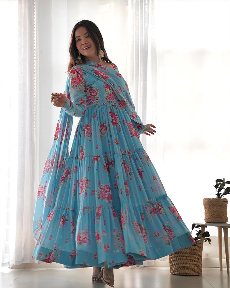 Pure Soft Georgette Frill Anarkali Suit Set with Floral Print Dupatta – Festival & Party Wear