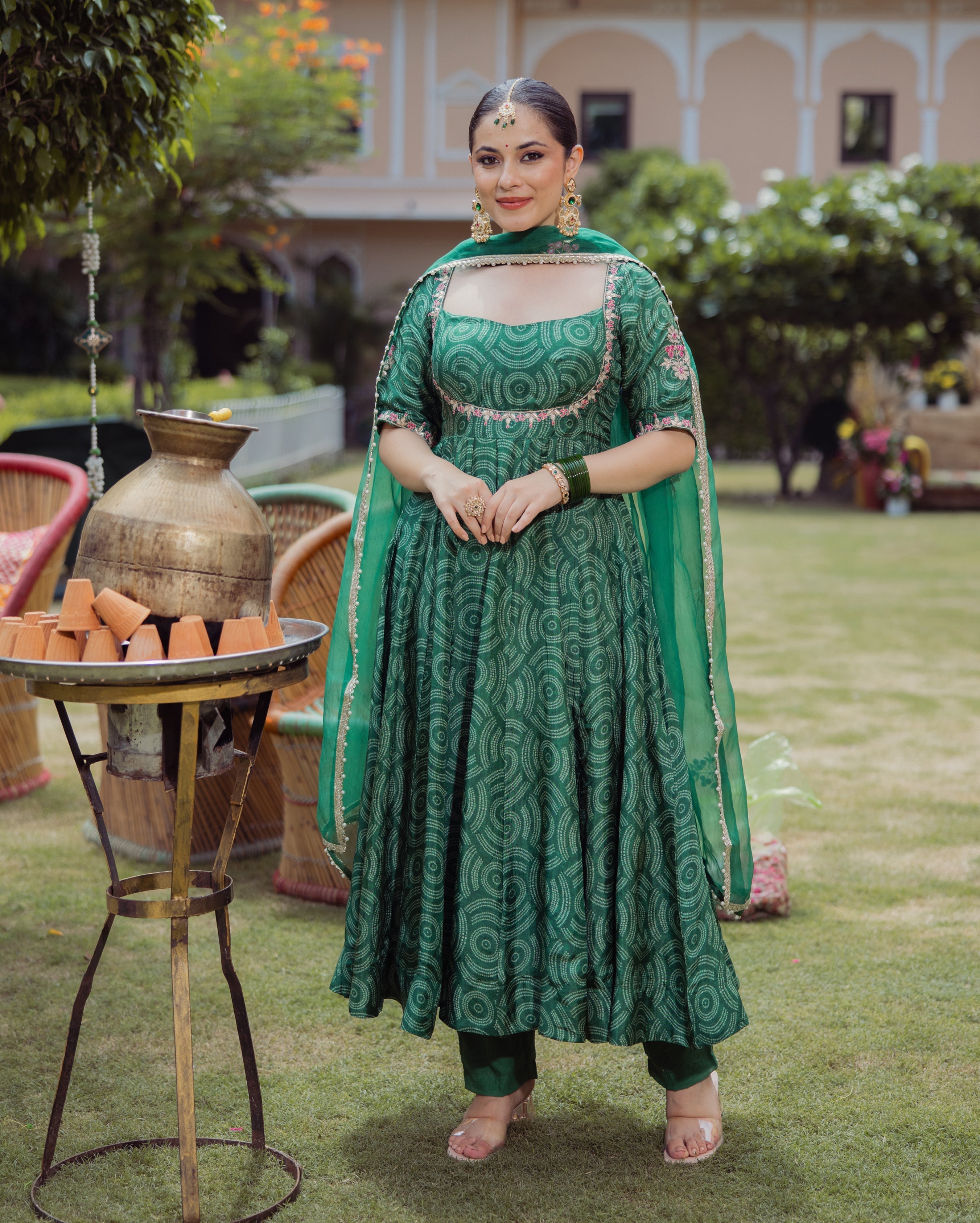 Dark Green Bandhani Chanderi Suit Set