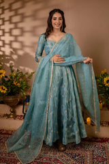 Chinon Silk Embroidered Anarkali Suit Set
