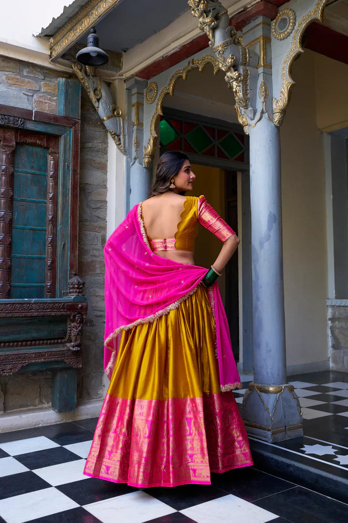 Elegant Narayan Pattu Lehenga Set with Zari Weaving & Sequins Embroidered Dupatta
