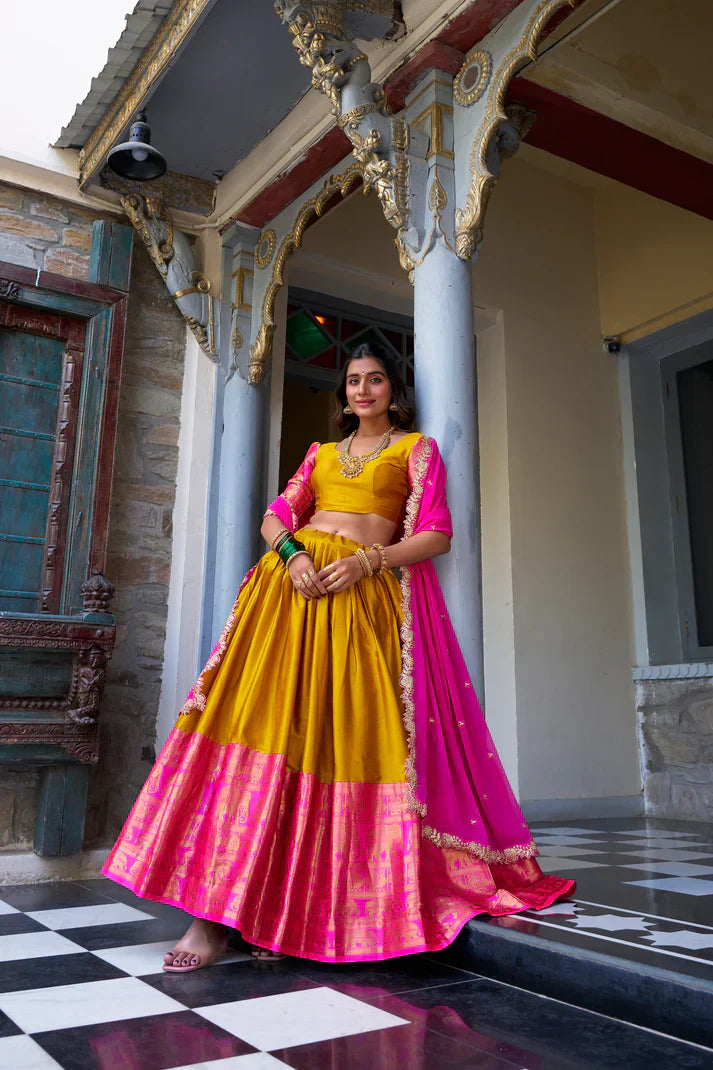 Elegant Narayan Pattu Lehenga Set with Zari Weaving & Sequins Embroidered Dupatta