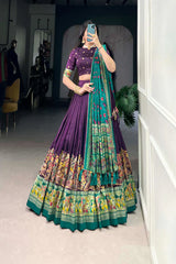 Elegant Tussar Silk Lehenga with Printed Foil Work and Gotta Patti Lace Dupatta