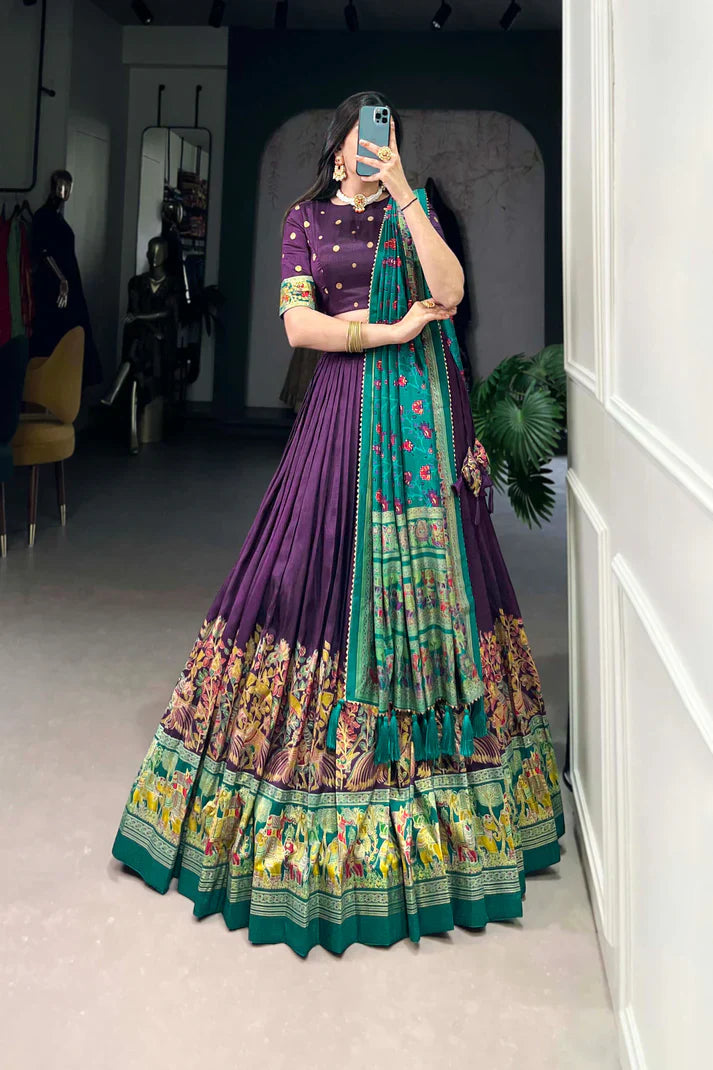 Elegant Tussar Silk Lehenga with Printed Foil Work and Gotta Patti Lace Dupatta