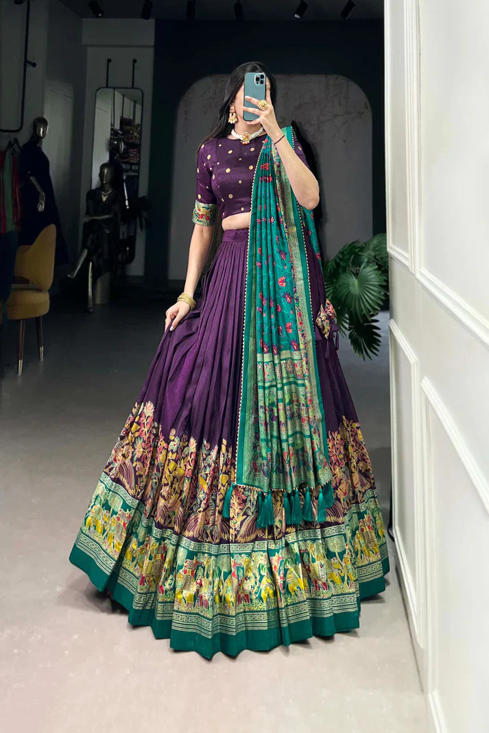 Elegant Tussar Silk Lehenga with Printed Foil Work and Gotta Patti Lace Dupatta