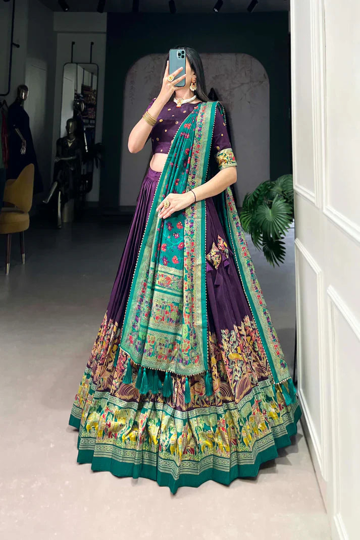 Elegant Tussar Silk Lehenga with Printed Foil Work and Gotta Patti Lace Dupatta