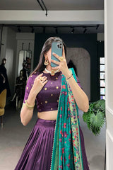 Elegant Tussar Silk Lehenga with Printed Foil Work and Gotta Patti Lace Dupatta