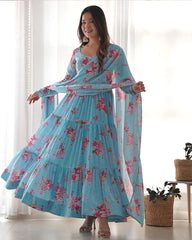 Pure Soft Georgette Frill Anarkali Suit Set with Floral Print Dupatta – Festival & Party Wear