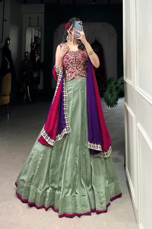 Vichitra Silk Lehenga Set with Sequins & Thread Embroidery and Belt Detail