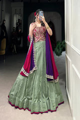 Vichitra Silk Lehenga Set with Sequins & Thread Embroidery and Belt Detail