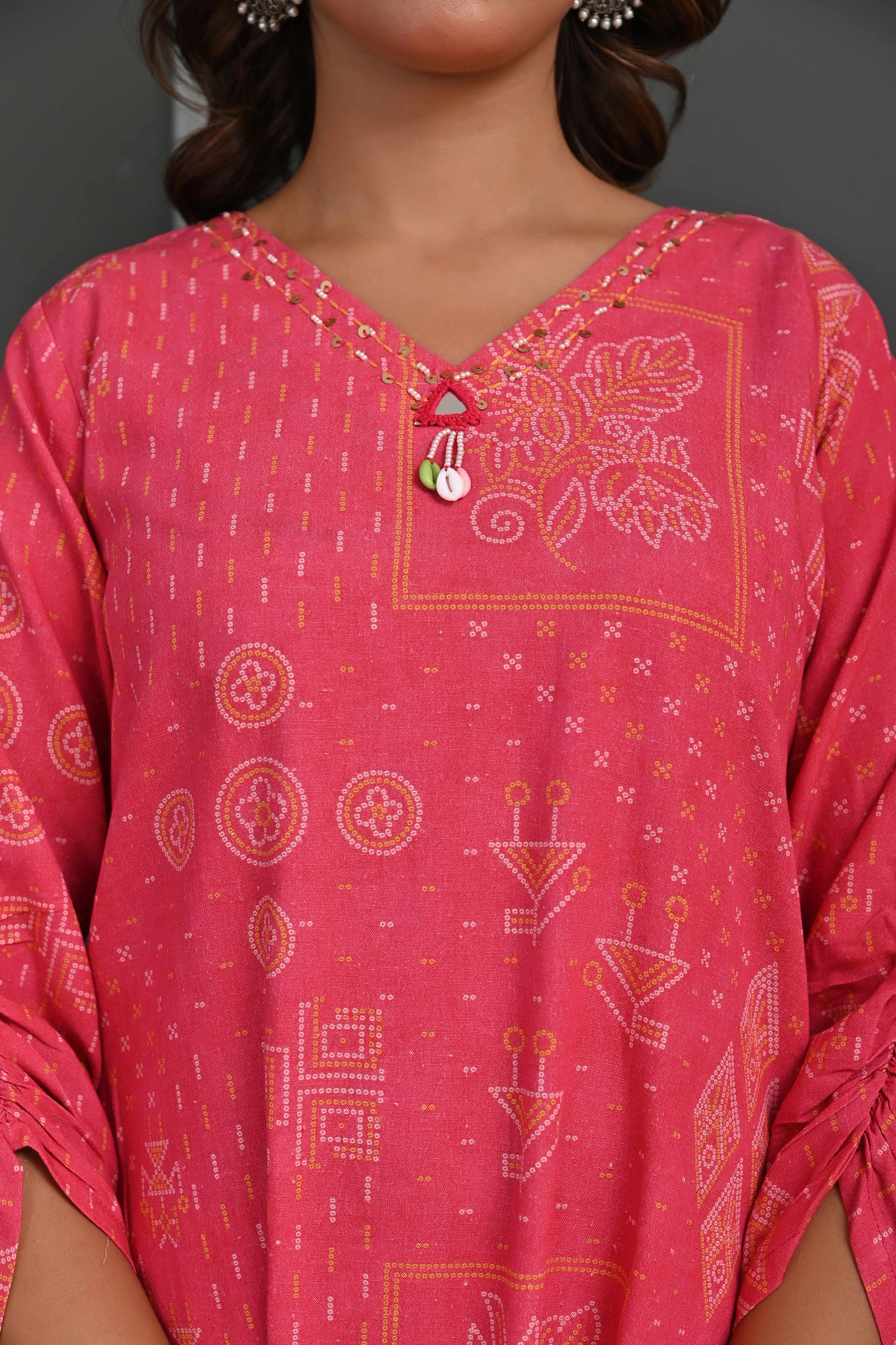 Rani Pink Bandhani Print Co-Ord Set with Sequined Neck – Lightweight & Stylish Festive Wear