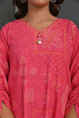 Rani Pink Bandhani Print Co-Ord Set with Sequined Neck – Lightweight & Stylish Festive Wear