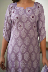 Lavender Printed Rayon Salwar Suit Set with Embroidered Details and Cotton Dupatta